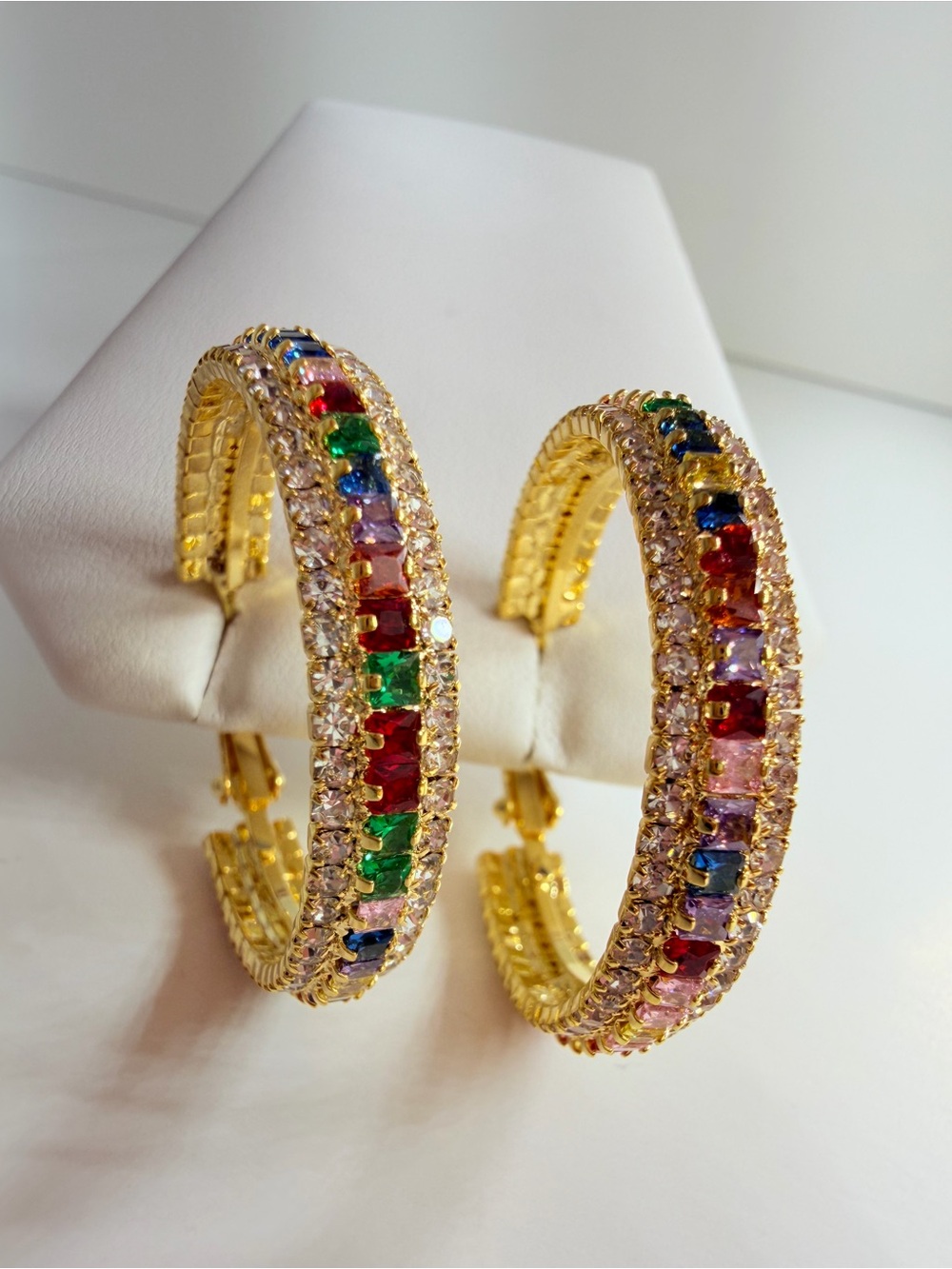 Rhodium, plated Gold-Tone Multi-Color CZ Hoop Earrings